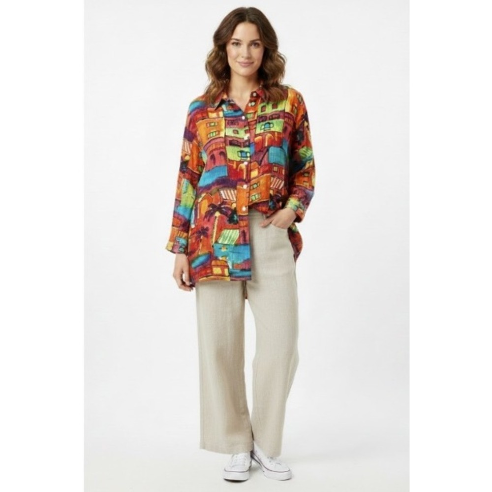 Chico's Colorful Retro Vacation 100% Linen Artsy Long‎ Sleeve Button Down XL/3